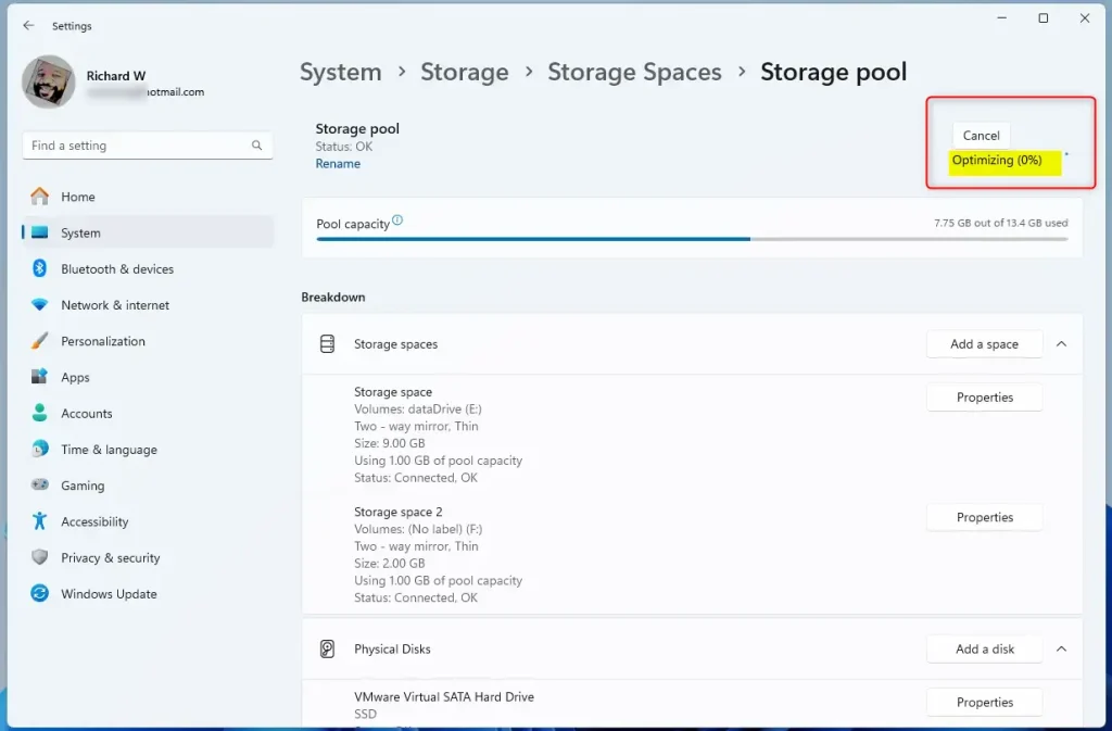 Storage pool optimize status