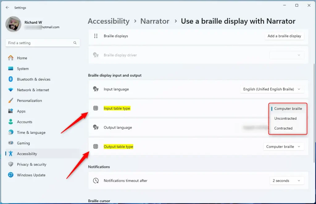 Braille display input table types