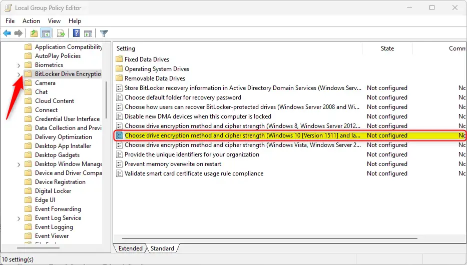 Choose drive encryption method and cipher