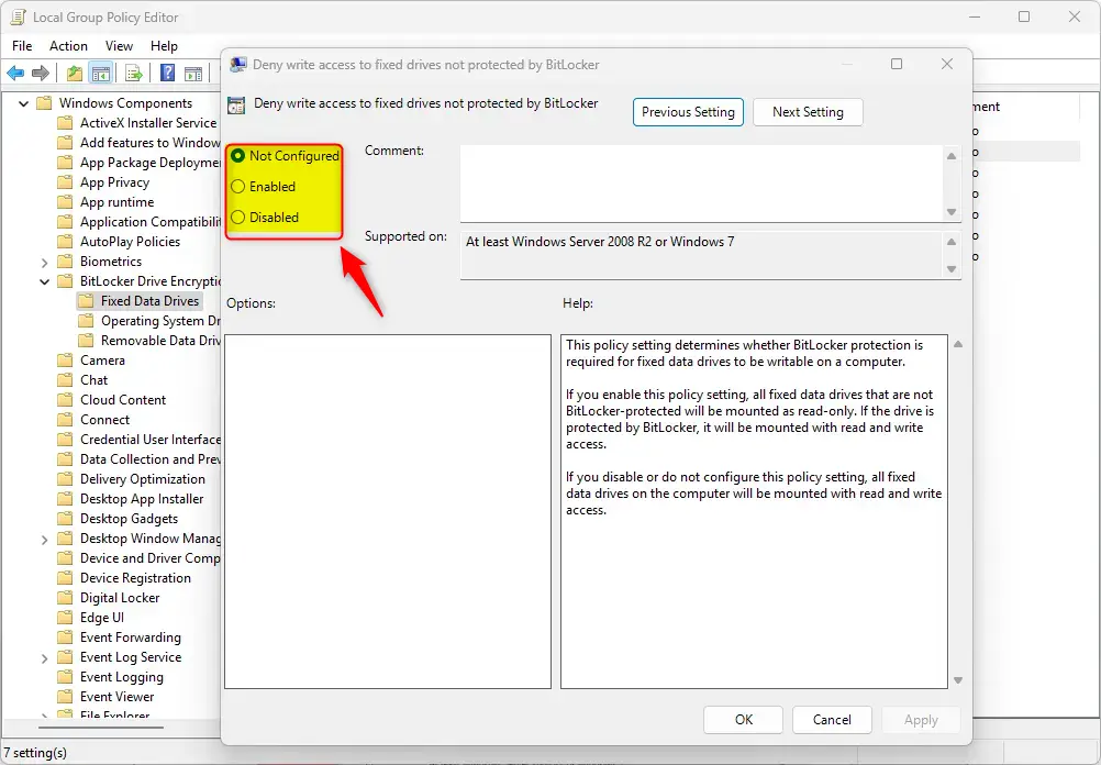 Deny access to fixed drives not protected by BitLocker options