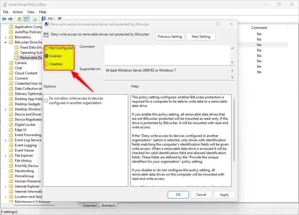 Deny write access to removeable drive not protected with BitLocker options