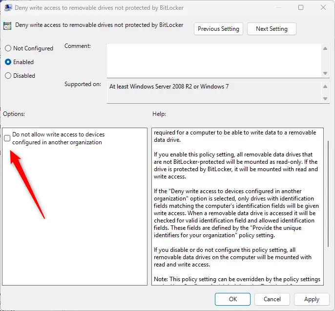 Deny write access to removeable drive not protected with BitLocker options selection