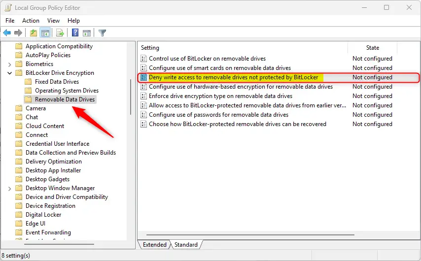 Deny write access to removeable drive not protected with BitLocker