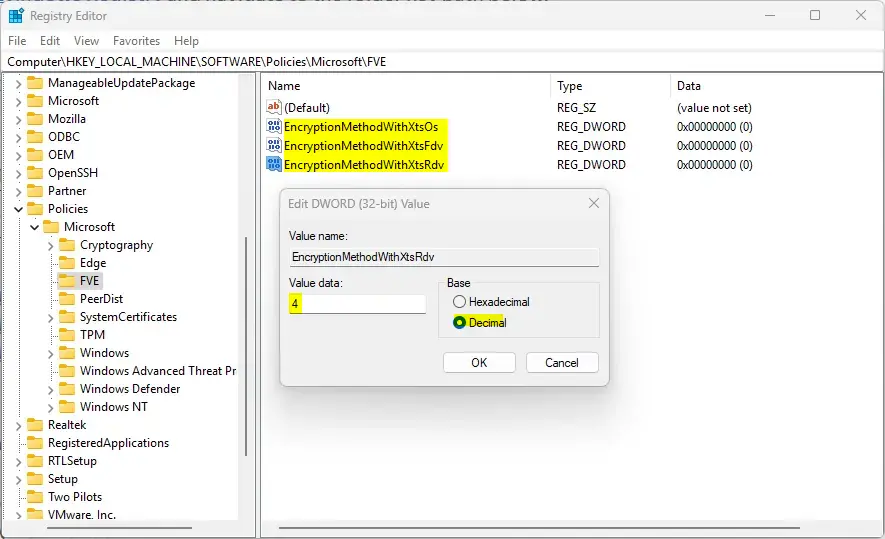 Drive and encryption method and cipher registry editor