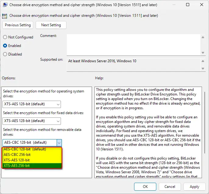 Drive and encryption method and cipher settings