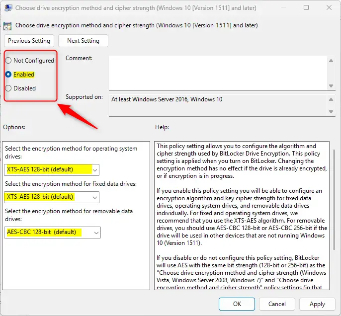 Drive encryption method and cipher options