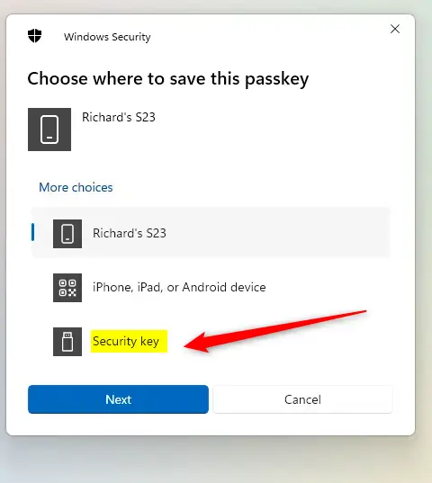 Microsoft account security passkey security key