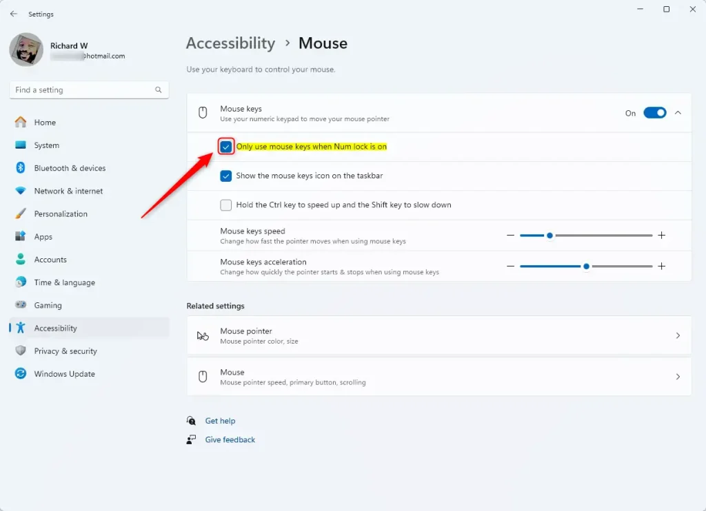 Mouse keys activation with num lock