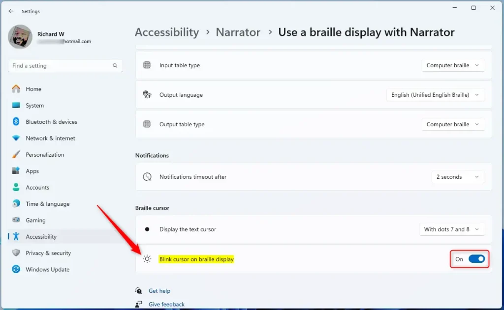 blink cursor on braille display Windows 11