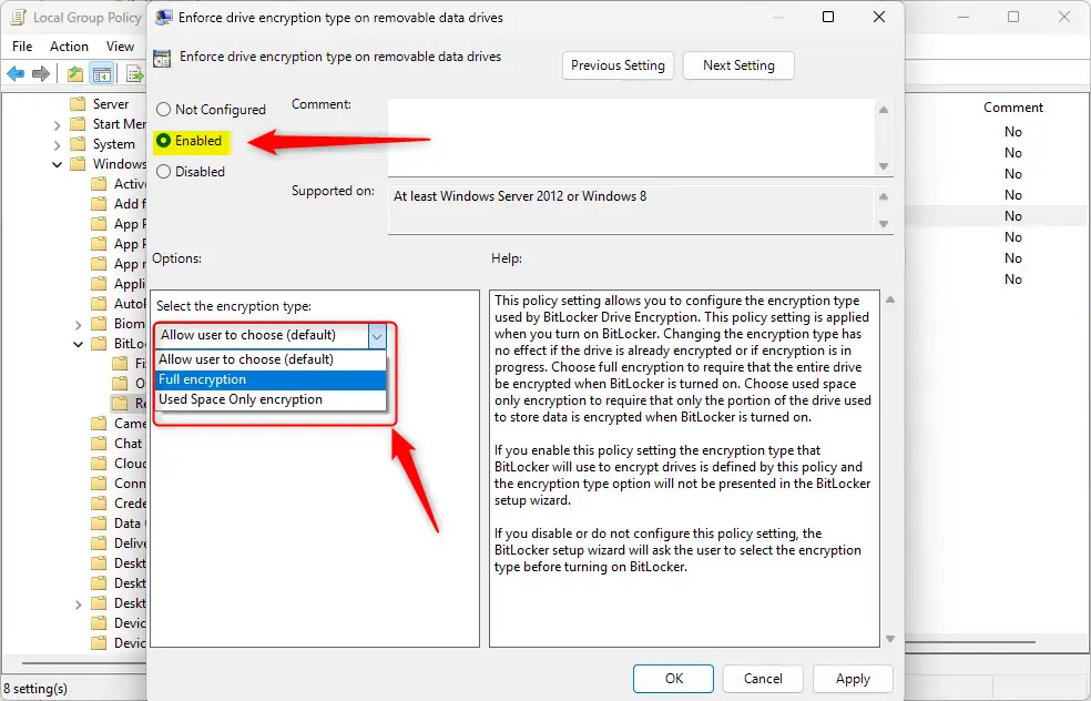 enforce drive encryption type on removeable drive