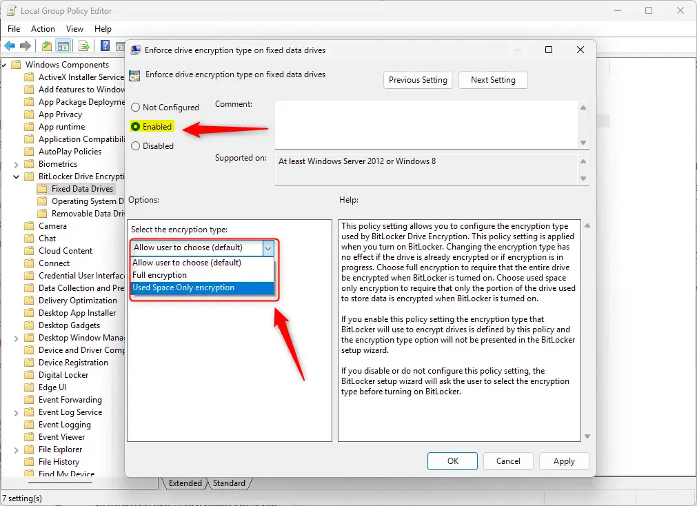 enforce encryption type for fixed drives options