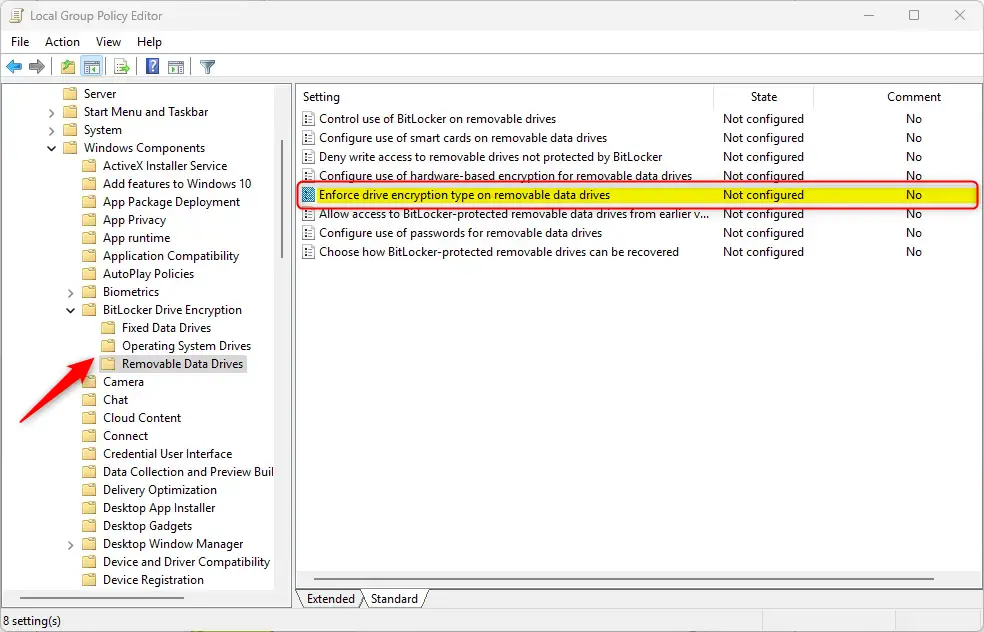 enforce encryption type on removeable data drive