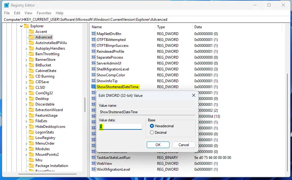 Shortened time and date registry