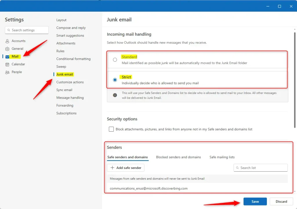 Outlook junk email handling