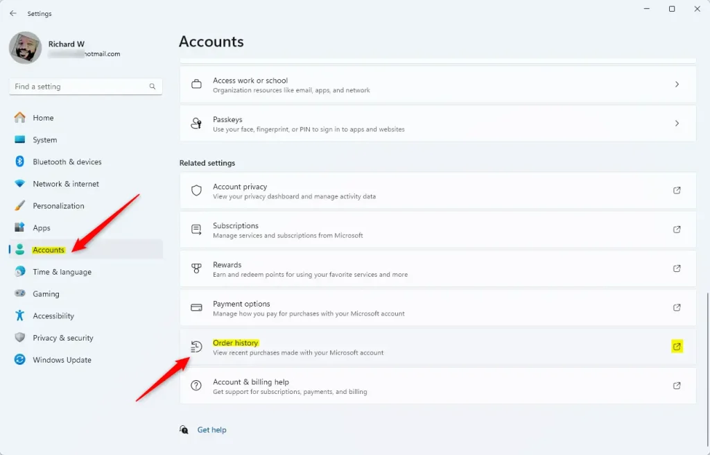 Microsoft account purchase history
