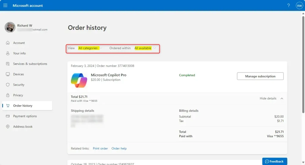 Microsoft order history page