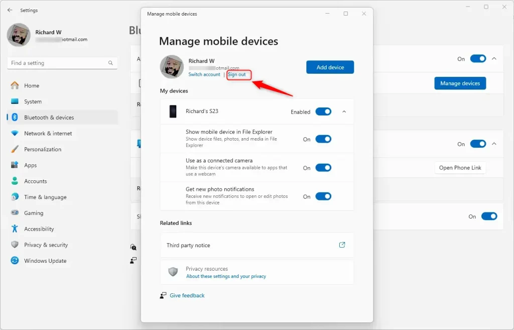 Sign out of mobile devices link