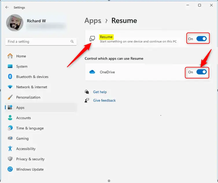 App resume feature OneDrive