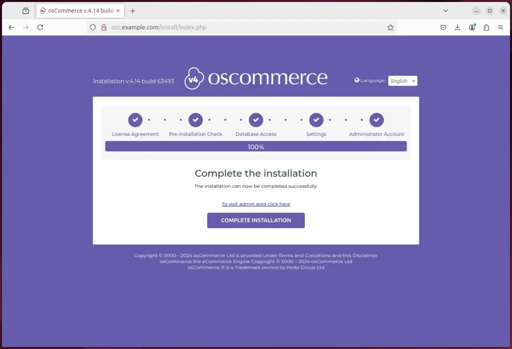osCommerce installation wizard complete