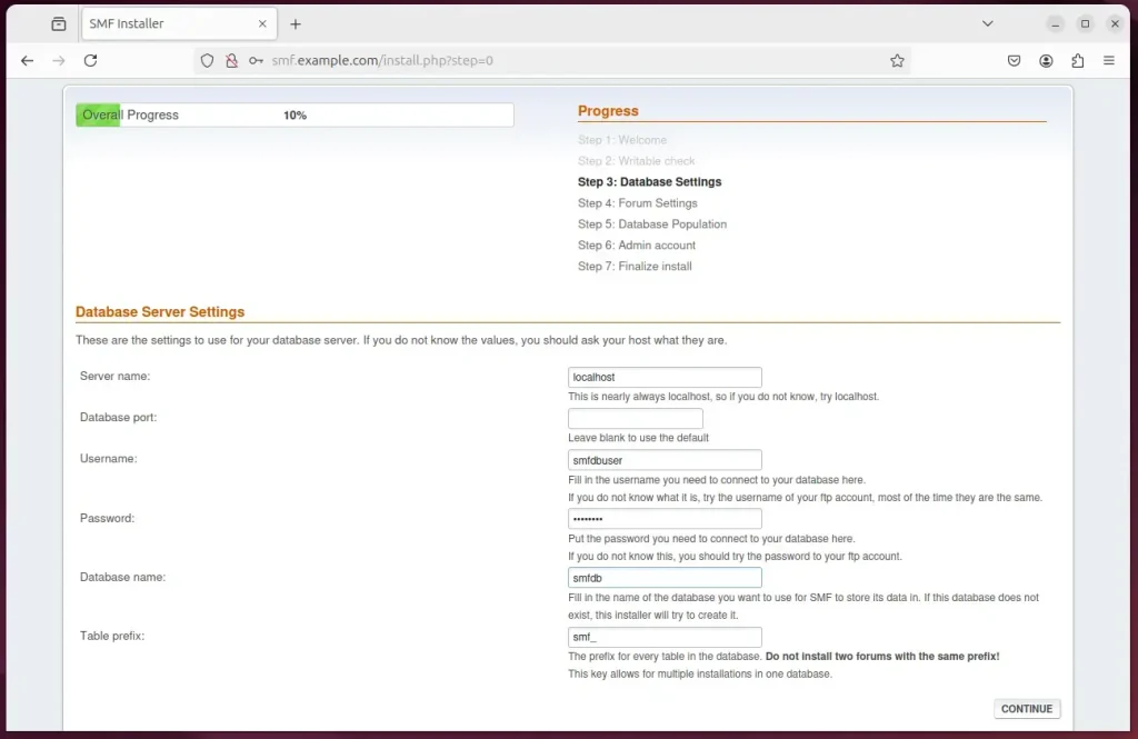 smf installation wizard database