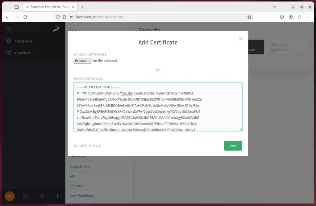 zammad login admin portal certificate