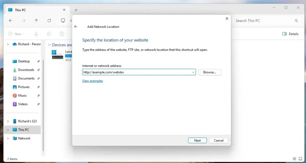 Network location Windows 11 address