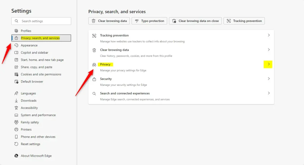 privacy tile in Edge