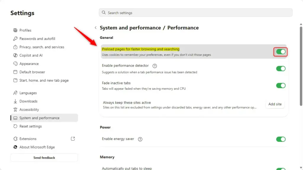 Microsoft Edge preload pages feature for faster browsing and searching.