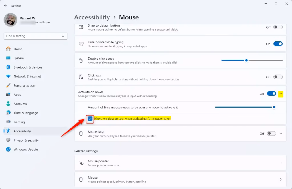 move window to the top when activating for mouse hover