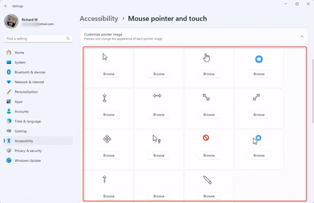 On the Mouse pointer and touch settings pane, expand customize pointer image buttons
