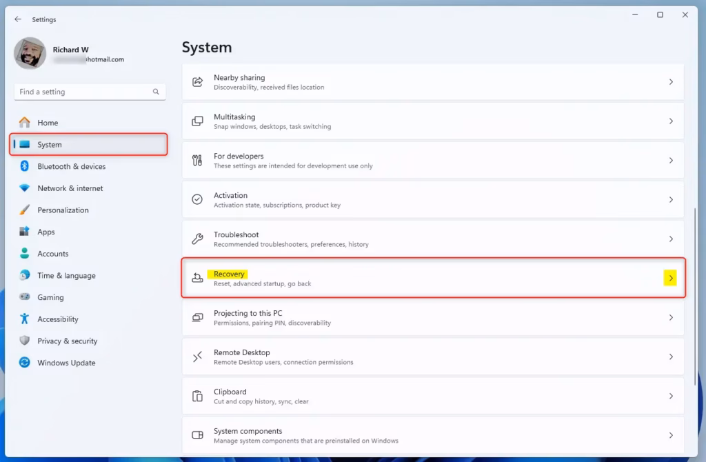 Recovery tile in Settings