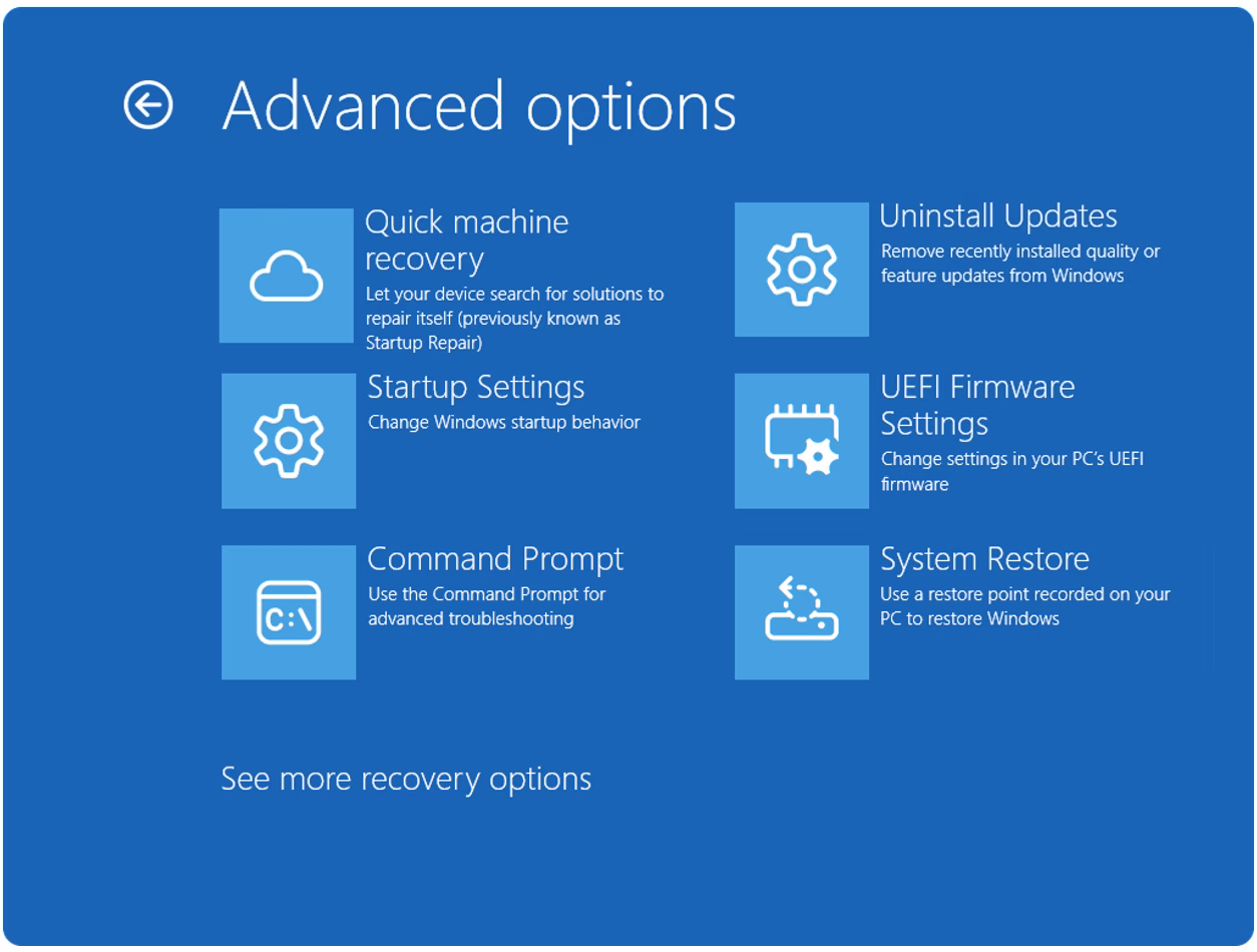 Quick Machine Recovery interface in Windows 11 recovery environment.