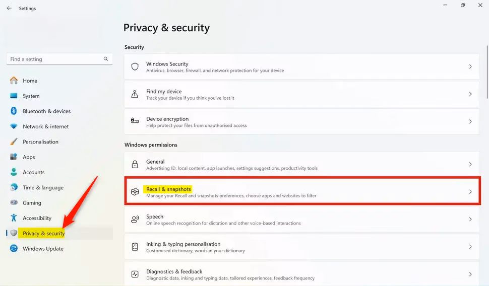 Privacy security Recall and snapshots