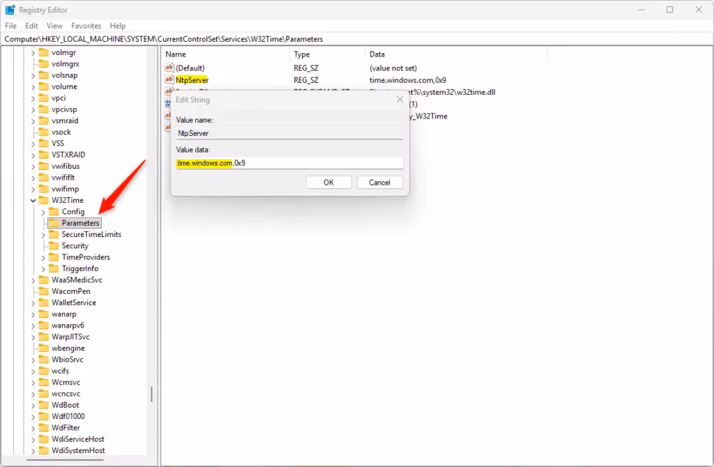 Change time server via registry