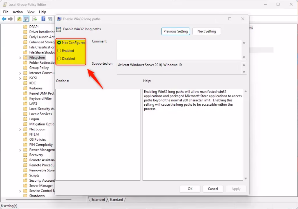 Enable long paths in gpo options