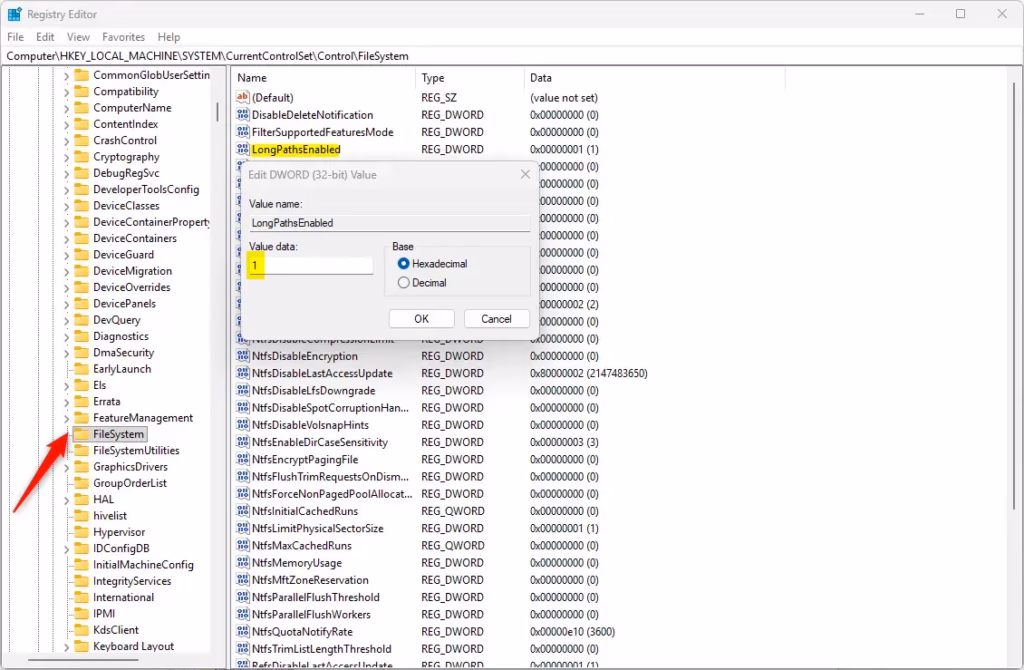 Enable long paths in registry
