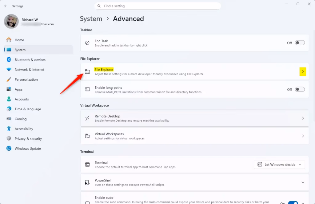 File Explorer tile in Advanced settings