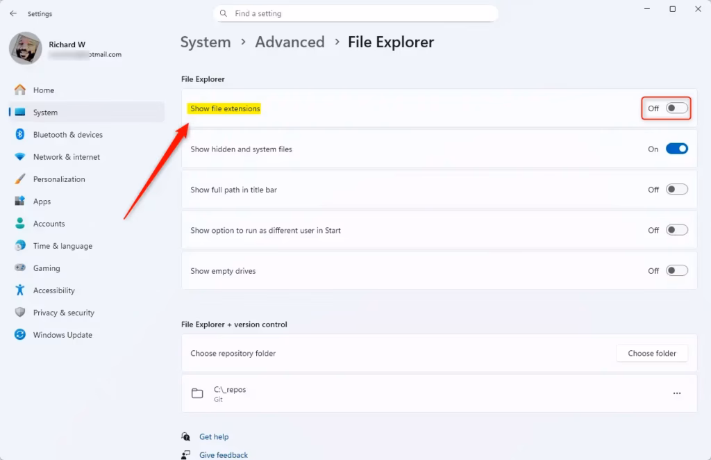 Show file extensions in File Explorer Windows 11