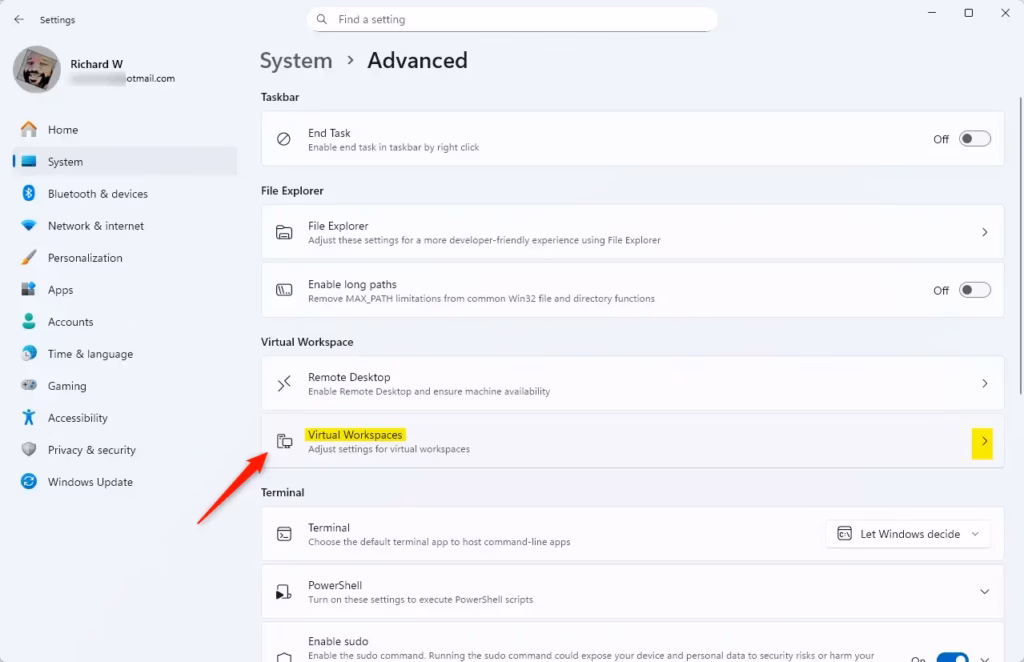 Virtual Workspaces tile in Settings