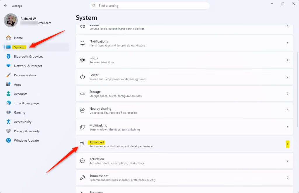 Windows 11 system advanced tile in Settings