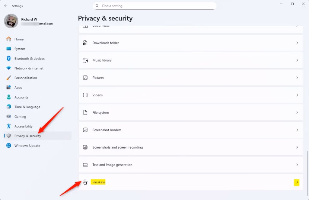 Passkeys in privacy settings