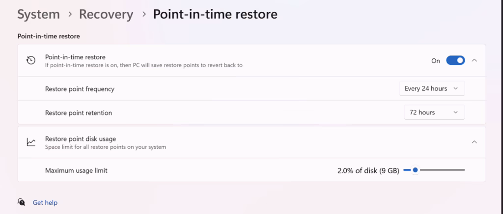 Point-in-time restore option