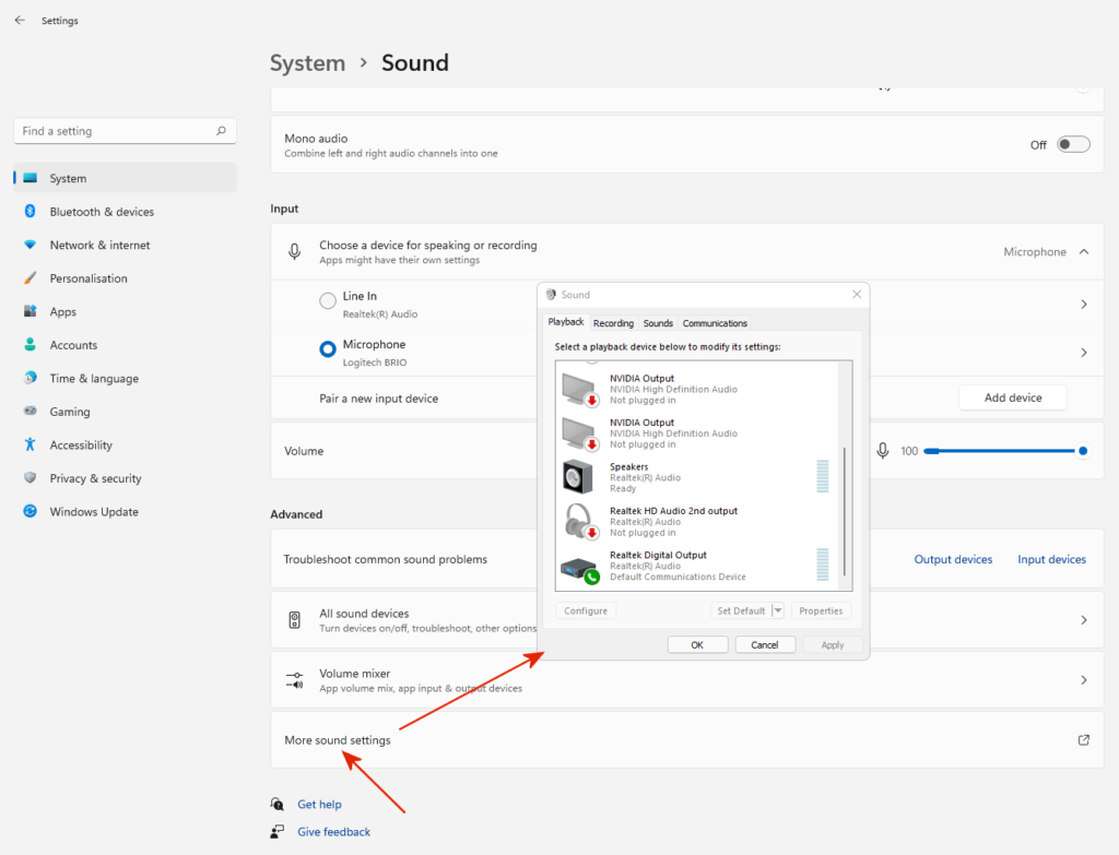 Windows 11 input settings with microphone selection popup open.