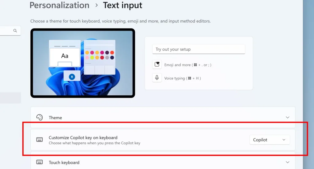 Windows 11 Copilot key settings dropdown menu options.