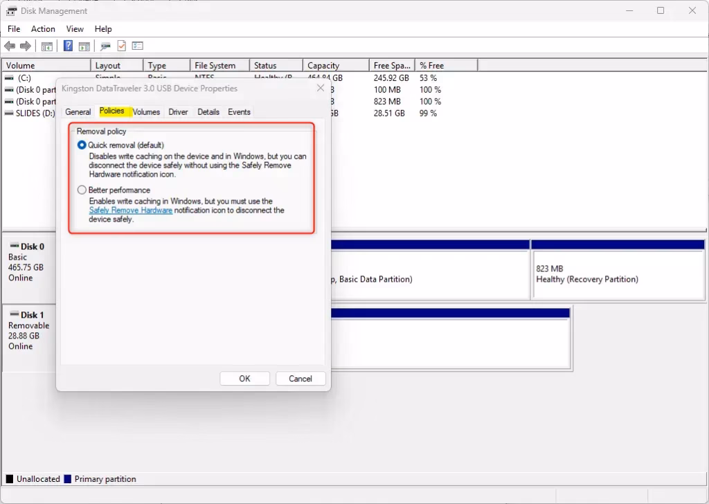 Disk properties device manager options