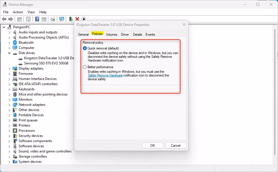 Disk properties from Device manager options
