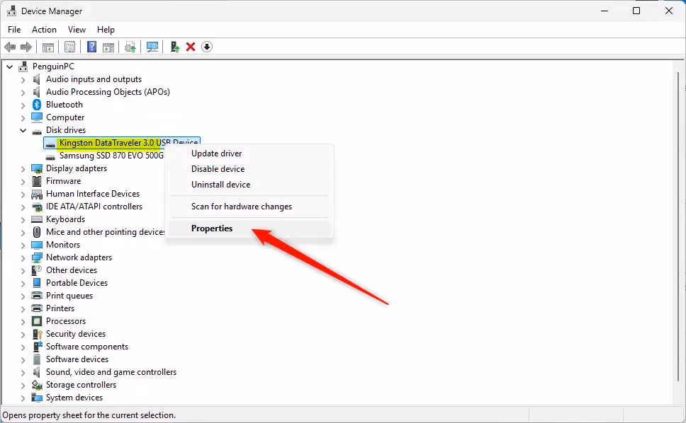 Disk properties from Device manager