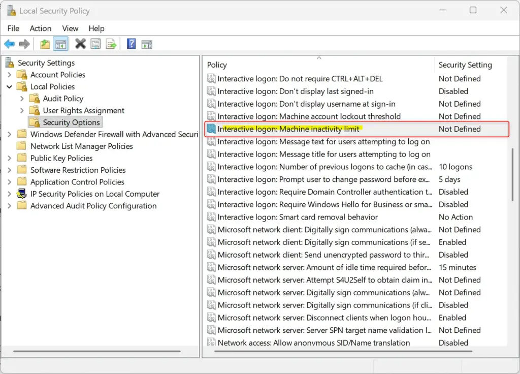 Setting machine inactivity lock time in Windows security policy.