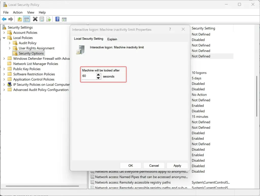 Configuring interactive logon machine inactivity timeout in Windows 11.