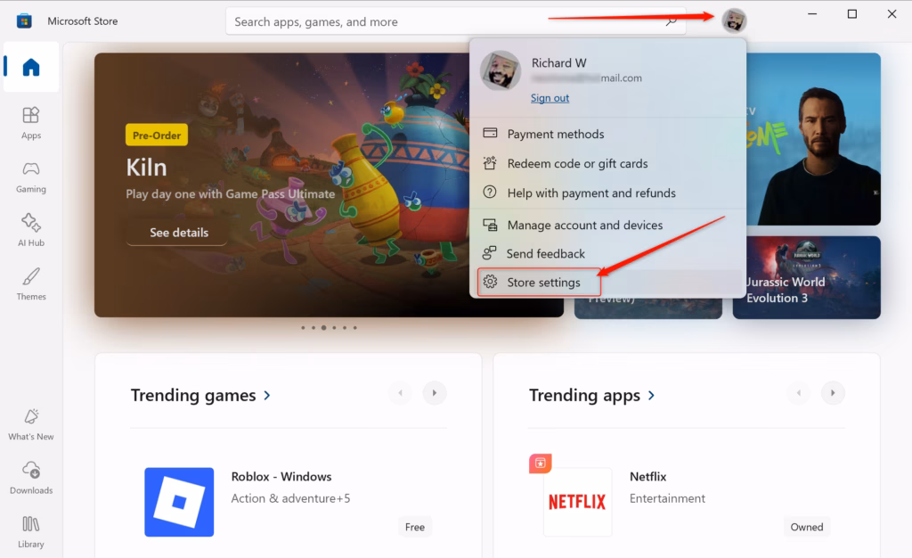 Microsoft Store settings menu accessed via the user profile icon